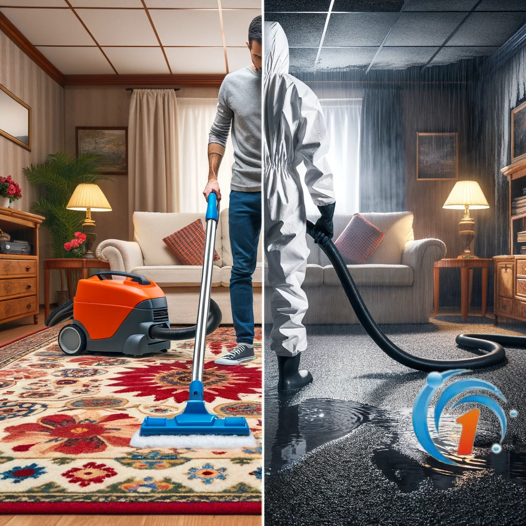 Image depicting two distinct carpet care methods. On the left, a professional is gently cleaning a patterned carpet using eco-friendly solutions in a bright living room, representing routine carpet maintenance. On the right, a worker in protective gear uses a heavy-duty extractor on a water-soaked carpet in a flood-affected room, illustrating the urgency of carpet water extraction."